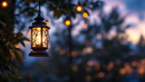 A photograph of a beautifully designed outdoor lantern hanging in a serene garden setting during twilight