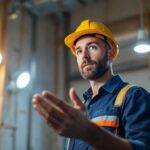 A photograph of a lighting contractor examining a well-lit space with two led lights prominently featured