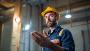 A photograph of a lighting contractor examining a well-lit space with two led lights prominently featured