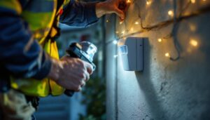 A photograph of a lighting contractor installing an outdoor motion detector switch