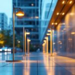 A photograph of a modern lighting installation in an urban environment