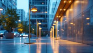 A photograph of a modern lighting installation in an urban environment