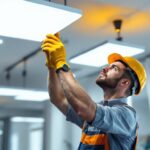 A photograph of a skilled lighting contractor installing flat led fixtures in a modern interior space