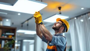 A photograph of a skilled lighting contractor installing flat led fixtures in a modern interior space