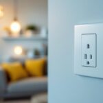 A photograph of a close-up shot of a modern electrical outlet and switch installed in a well-lit room