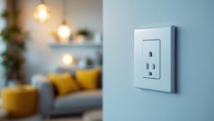 A photograph of a close-up shot of a modern electrical outlet and switch installed in a well-lit room