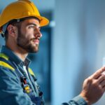 A photograph of a skilled lighting contractor installing a smart wall switch in a modern home setting