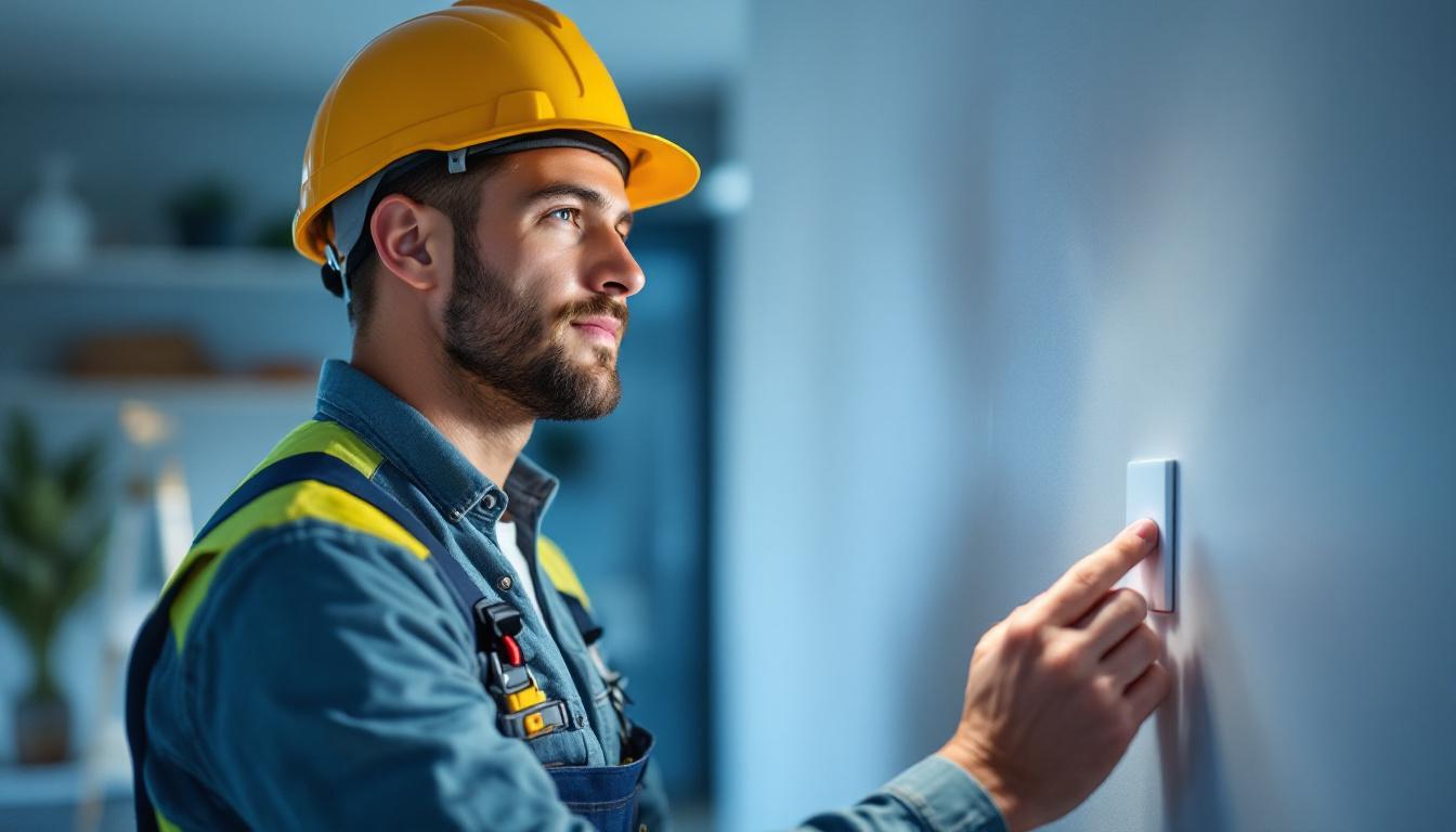 A photograph of a skilled lighting contractor installing a smart wall switch in a modern home setting