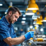 A photograph of a lighting contractor meticulously inspecting various lighting fixtures in a well-lit shop