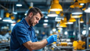 A photograph of a lighting contractor meticulously inspecting various lighting fixtures in a well-lit shop