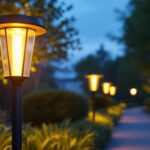 A photograph of a beautifully designed solar-powered outdoor lamp post illuminated at dusk