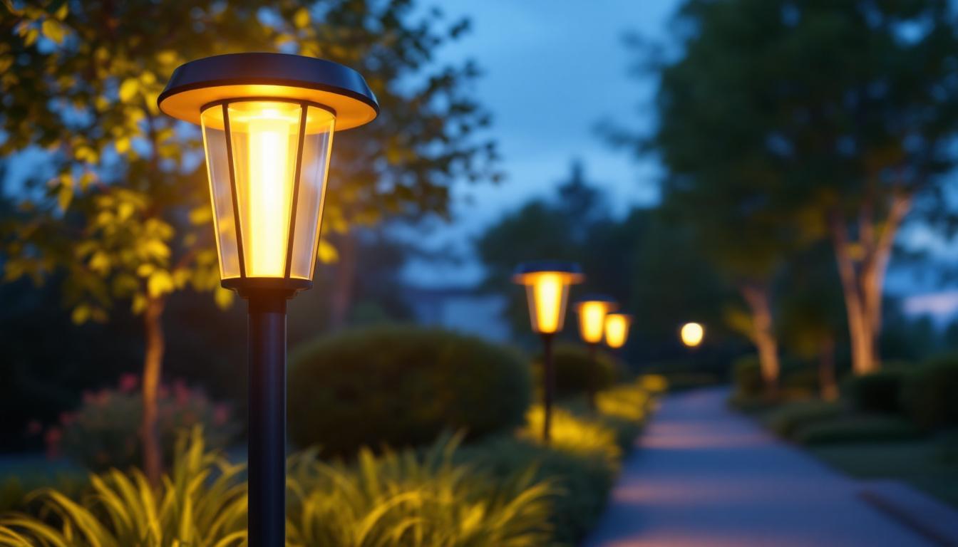 A photograph of a beautifully designed solar-powered outdoor lamp post illuminated at dusk