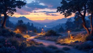 A photograph of a beautifully illuminated natural landscape at dusk