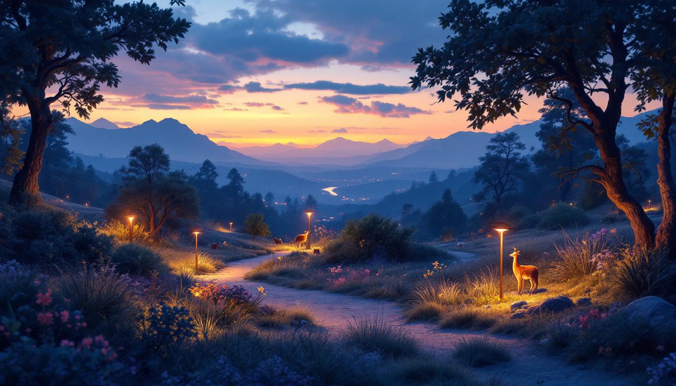 A photograph of a beautifully illuminated natural landscape at dusk