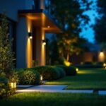 A photograph of a well-lit outdoor setting featuring various led sensor lights installed in a residential or commercial space