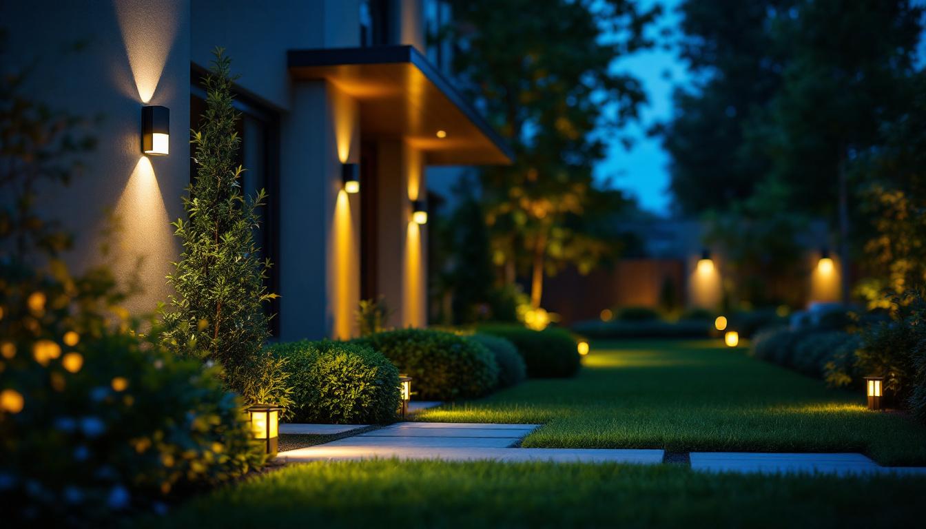 A photograph of a well-lit outdoor setting featuring various led sensor lights installed in a residential or commercial space