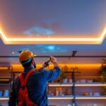 A photograph of a beautifully illuminated ceiling featuring sleek strip lighting