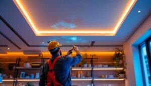 A photograph of a beautifully illuminated ceiling featuring sleek strip lighting