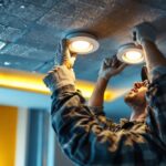 A photograph of a lighting contractor expertly installing pot lights in a modern ceiling