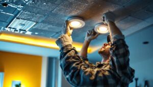A photograph of a lighting contractor expertly installing pot lights in a modern ceiling