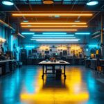 A photograph of a well-lit industrial workspace showcasing vibrant industrial led strip lights illuminating various equipment and areas