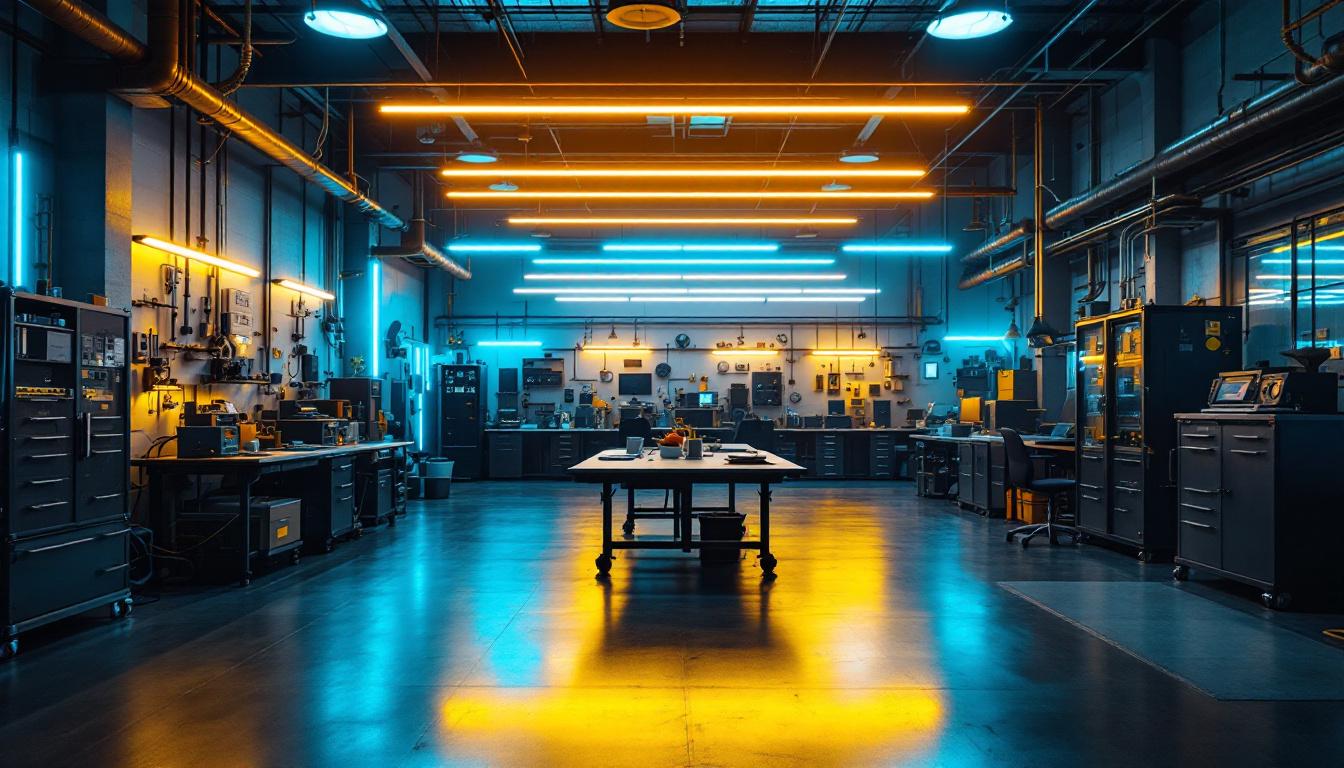 A photograph of a well-lit industrial workspace showcasing vibrant industrial led strip lights illuminating various equipment and areas