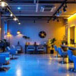 A photograph of a well-lit salon interior showcasing a variety of lighting fixtures and their effects on the space