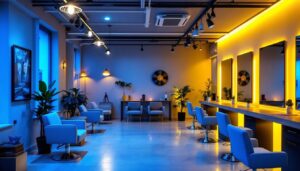 A photograph of a well-lit salon interior showcasing a variety of lighting fixtures and their effects on the space