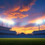 A photograph of a baseball stadium at dusk