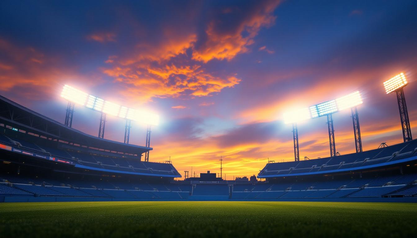 A photograph of a baseball stadium at dusk