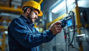 A photograph of a lighting contractor inspecting or installing a battery-powered emergency lighting system in a commercial setting