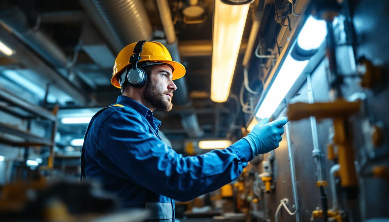 A photograph of a lighting contractor examining a t12 led retrofit installation in a commercial setting