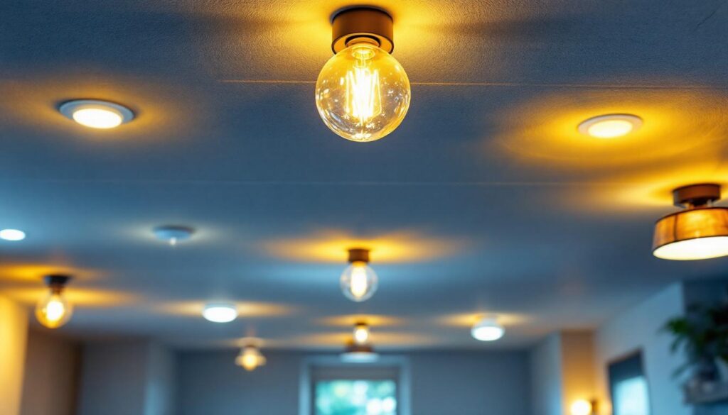 A photograph of a well-lit basement ceiling featuring a variety of stylish light fixtures