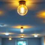 A photograph of a well-lit basement ceiling featuring a variety of stylish light fixtures