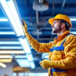A photograph of a skilled lighting contractor installing fluorescent lighting fixtures in a commercial space