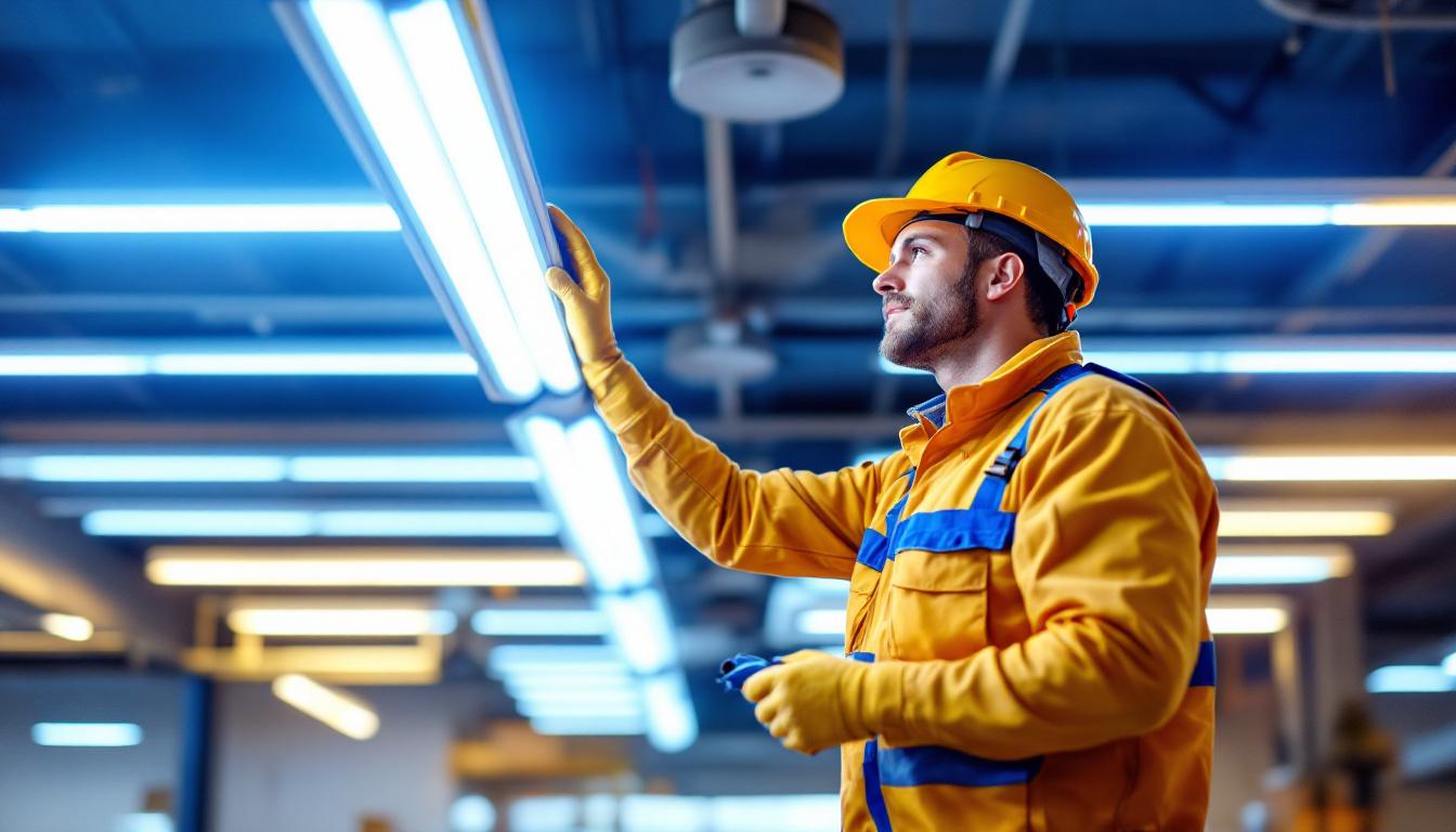 A photograph of a skilled lighting contractor installing fluorescent lighting fixtures in a commercial space