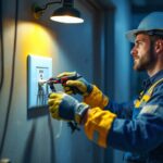 A photograph of a skilled lighting contractor installing or inspecting an electrical receptacle outlet in a well-lit