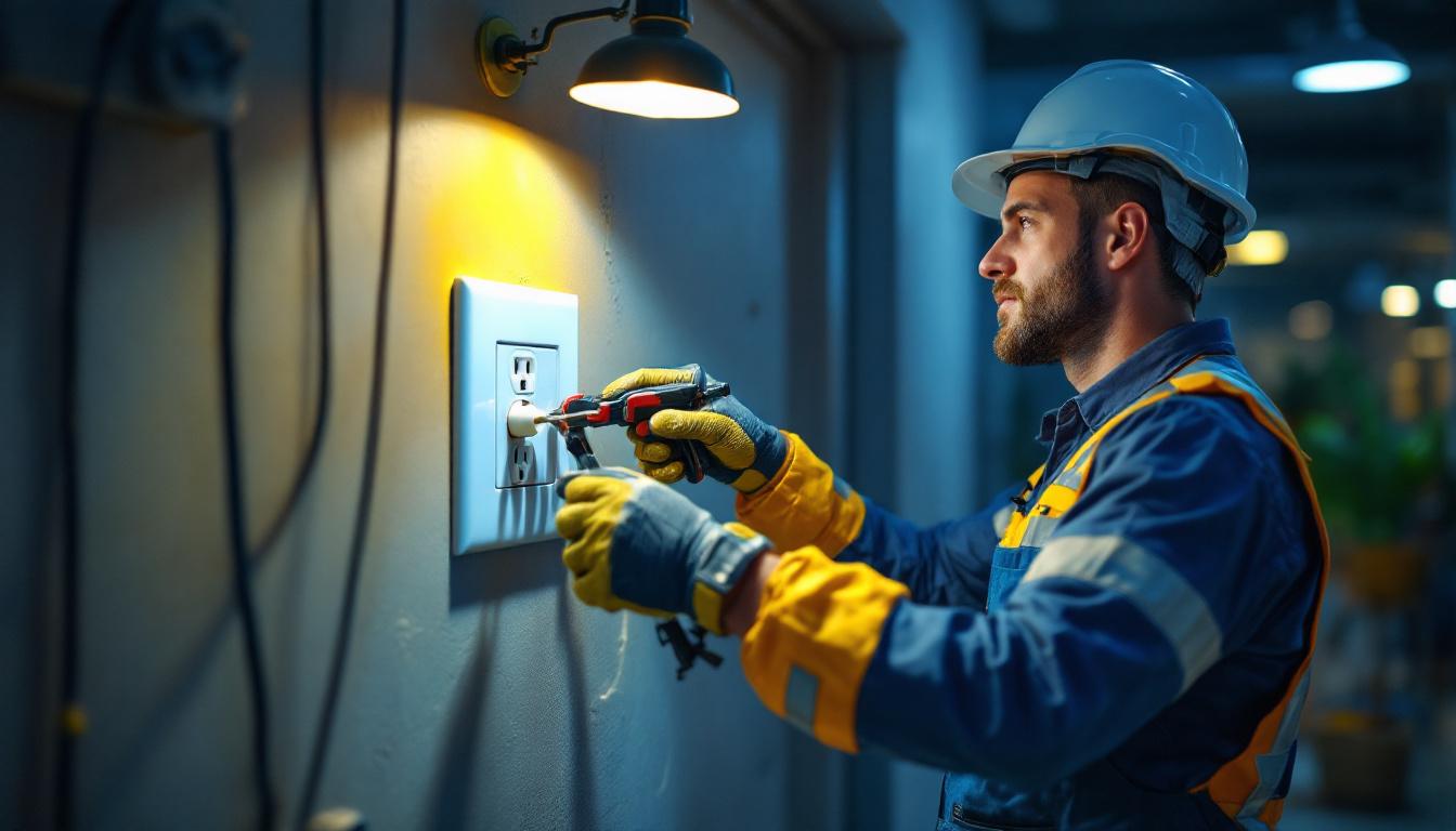 A photograph of a skilled lighting contractor installing or inspecting an electrical receptacle outlet in a well-lit