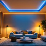 A photograph of a modern living space featuring ceiling recessed lighting in action