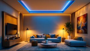 A photograph of a modern living space featuring ceiling recessed lighting in action