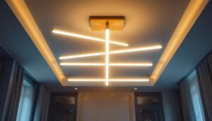 A photograph of a beautifully designed ceiling fixture that showcases long lights in an elegant interior setting