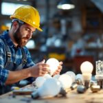 A photograph of a skilled lighting contractor examining various a19 lamp bases in a well-lit workshop