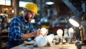 A photograph of a skilled lighting contractor examining various a19 lamp bases in a well-lit workshop