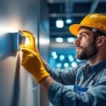 A photograph of a lighting contractor installing an automatic sensor in a well-lit commercial space