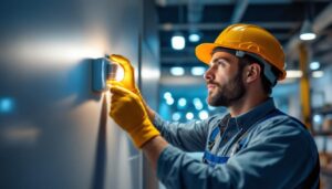 A photograph of a lighting contractor installing an automatic sensor in a well-lit commercial space