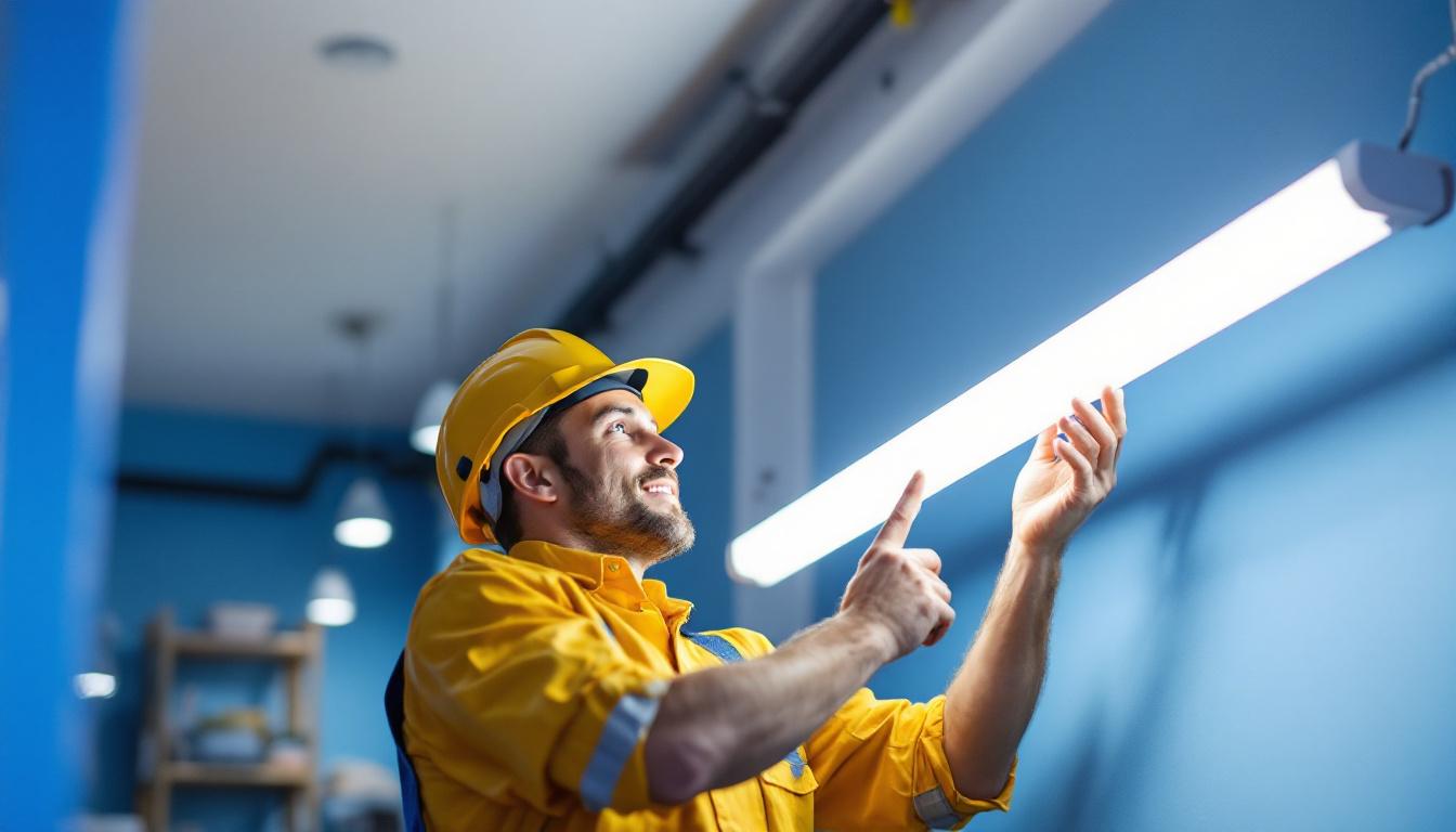 A photograph of a lighting contractor installing a 4ft tube light in a commercial space