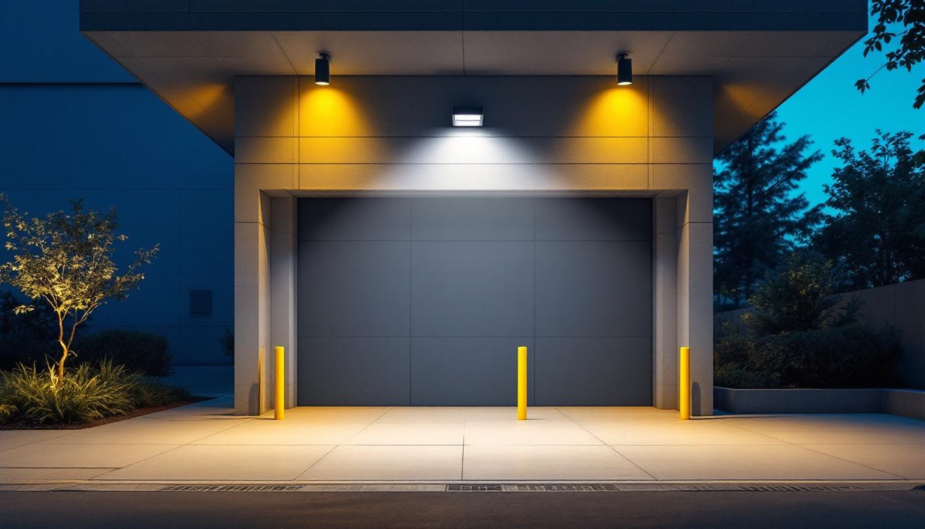 A photograph of a well-lit outdoor commercial space showcasing a full cutoff wall pack light fixture in use