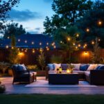 A photograph of a well-lit outdoor patio featuring stylish solar patio lights in use during dusk