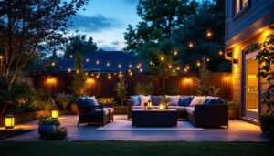 A photograph of a well-lit outdoor patio featuring stylish solar patio lights in use during dusk