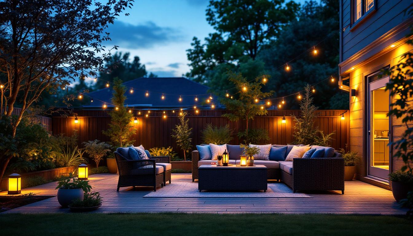 A photograph of a well-lit outdoor patio featuring stylish solar patio lights in use during dusk